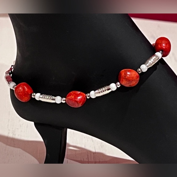 Red, Silver and White Handmade Jasper Beaded Bracelet - Picture 1 of 6